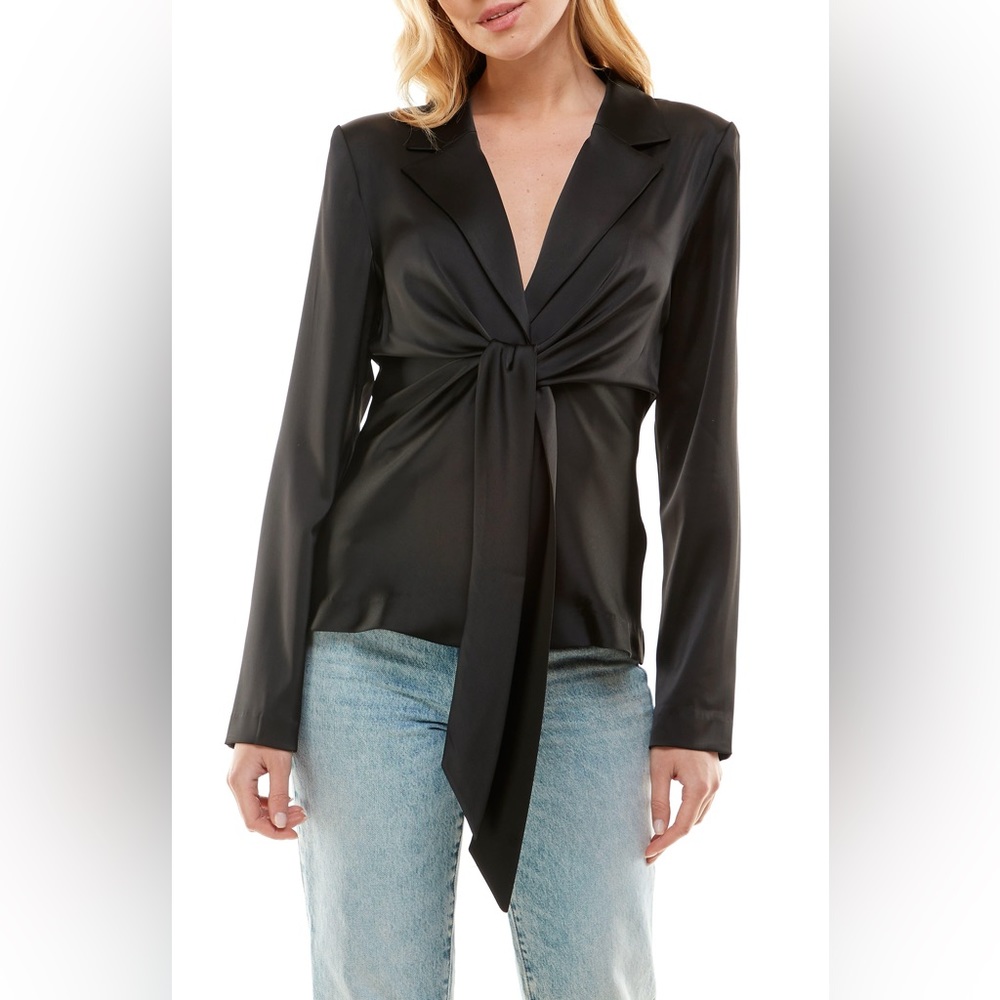 WAYF Black Satin Long Sleeve Wrap Top Front Tie